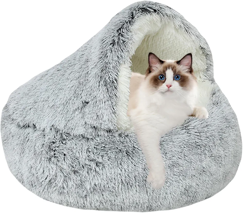 WIYETY Cama mullida para gatos, 40 cm, antideslizante, mullida, redonda, cueva para mascotas, cueva de felpa suave con capucha, para gatos y perros pequeños (gris)