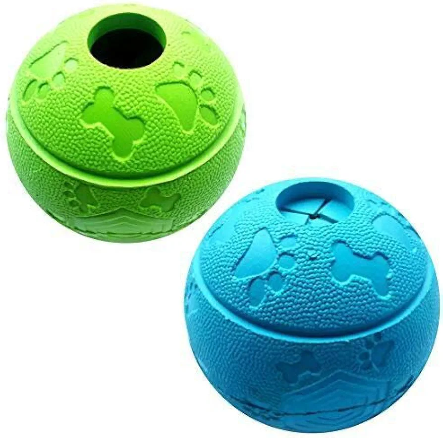 Feixun Pelota de juguete para perro, bola de goma para comida, juguete interactivo para perro, 2 unidades (1 azul + 1 verde) 8,1 cm