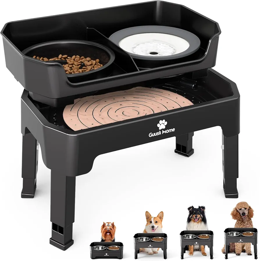 GUUSII HOME Comedero Perro Elevado Grande Bebedero Perro Soporte Cuenco Comederos Alto para Perros Grandes Elevador Bol Perro Altura Ajustable 43.5*26.7*16/28.7/32.7/36.7cm 1600ml Raised Dog Bowl Set