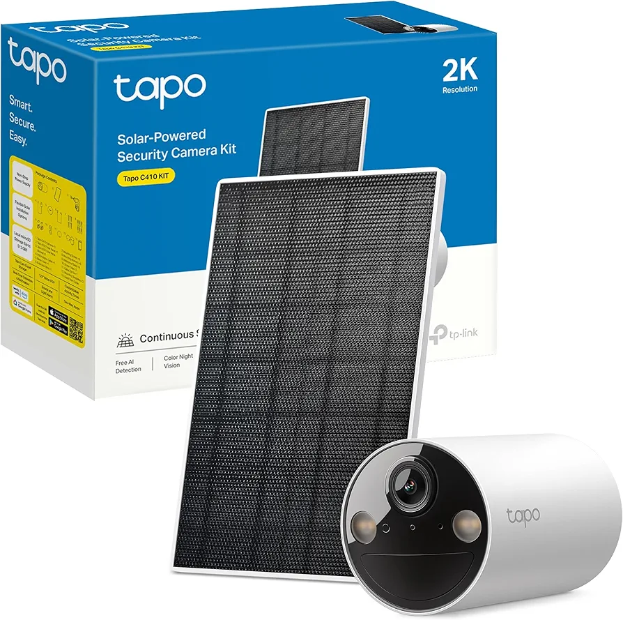 Tapo C410 Kit - Cámara de vigilancia Solar con batería Exterior, Detección de Personas por IA, 2K 3 MP, visión Nocturna de Color, Memoria microSD, batería no extraíble de 6400mAh, Audio bidireccional