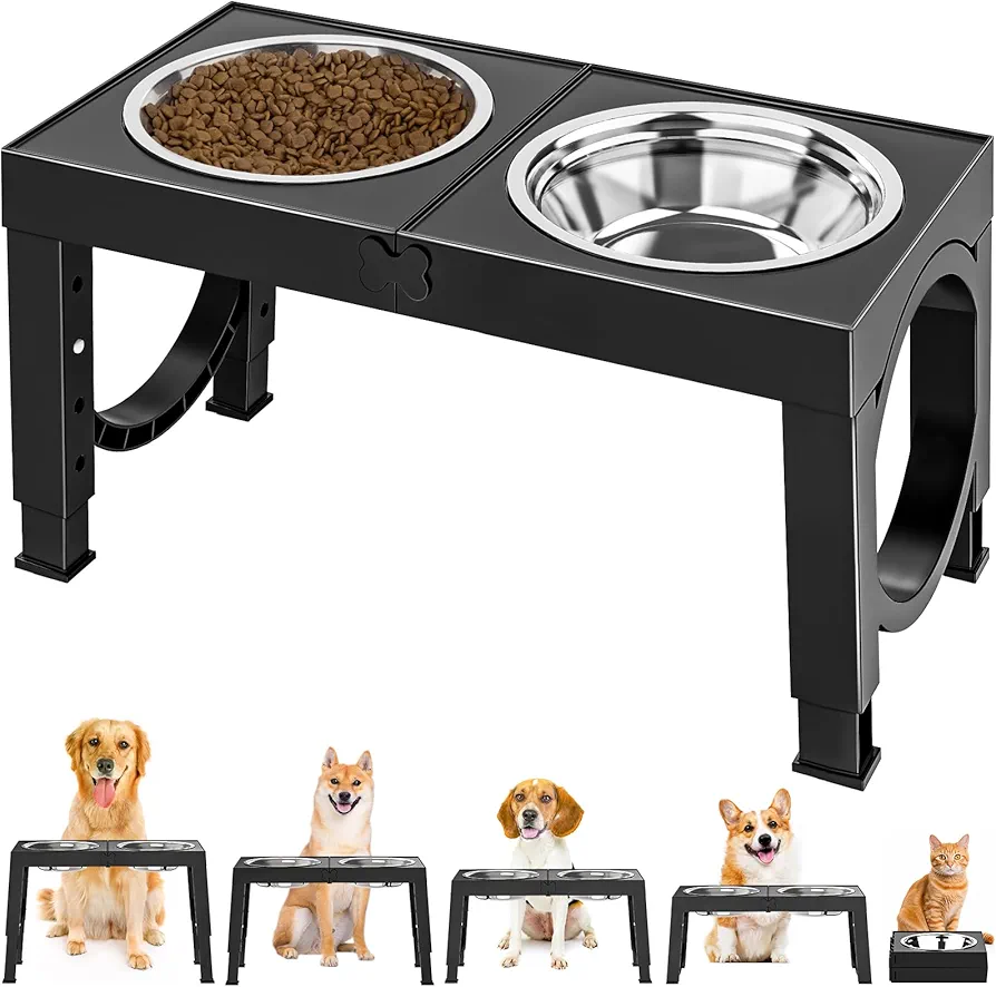 X XBEN Comedero Perro Elevado, Comedero Elevado de 5 Alturas Ajustables, 2X1,5L Comedero y Bebedero Perro, Comederos Elevados para Perros Pequeños, Medianos y Grandes, Plegable y Antideslizante,Negro