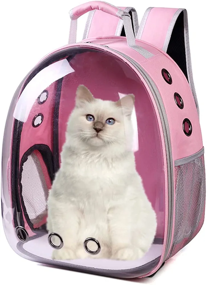 Mochila transportadora para gatos, mochila de burbujas para mascotas, transpirable, para mascotas, aprobada por aerolíneas, espacio pequeño (rosa)