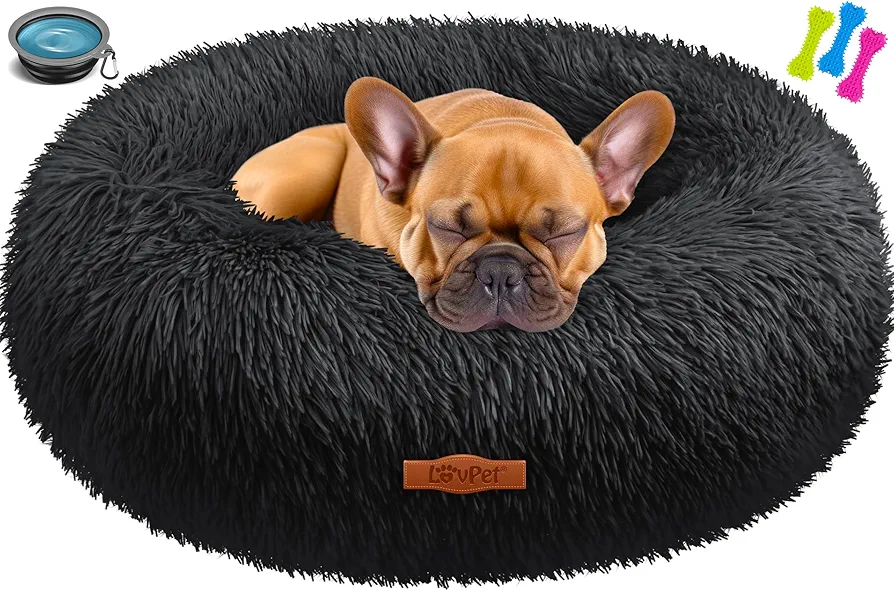 Lovpet® Cama para Perro, Cama para Gato, Bagel, Incl. Cuenco + 3X Huesos Masticables, Sofá Mullido para Perro, para Perros Pequeños, Medianos y Grandes, Gatos, Ø 60 cm (L) - Negro