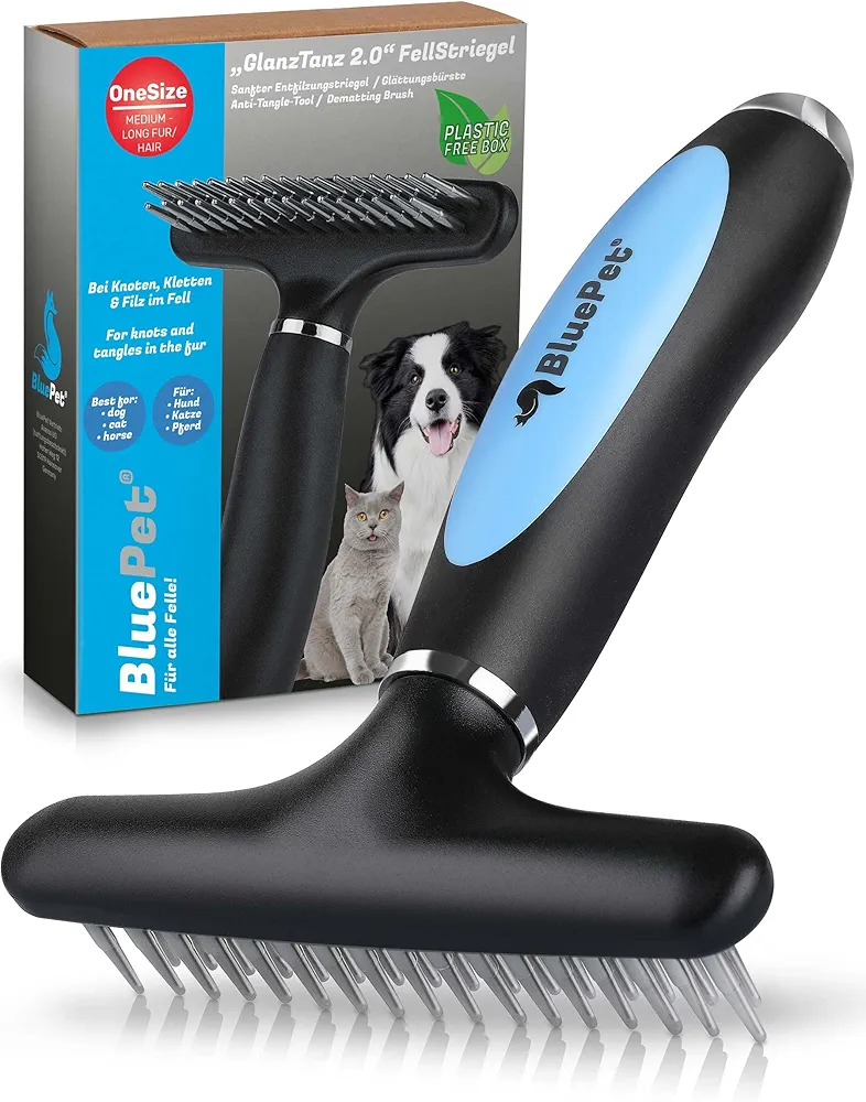 BluePet® Peine desenredante para perros, gatos y caballos de pelo largo | Cepillo para perros y gatos que elimina los nudos, el subpelo y los enredos | Masaje agradable para su mascota