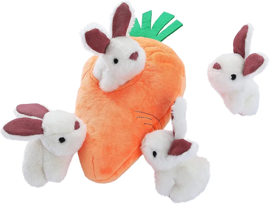 Amazon Basics Juguete chillón de peluche para jugar al escondite para perros, 4 Unidad, Conejo y zanahoria, Naranja, Blanco