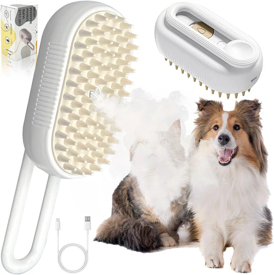 DONGTATA Cepillo de Vapor para Gatos 3 en 1 Steamy Cat Brush Cepillo de Vapor para Gatos para Masaje Vepillo de Vapor Autolimpiable para Gatos Perros para Cachorros de Gatos Cortos, Medianos y Largos