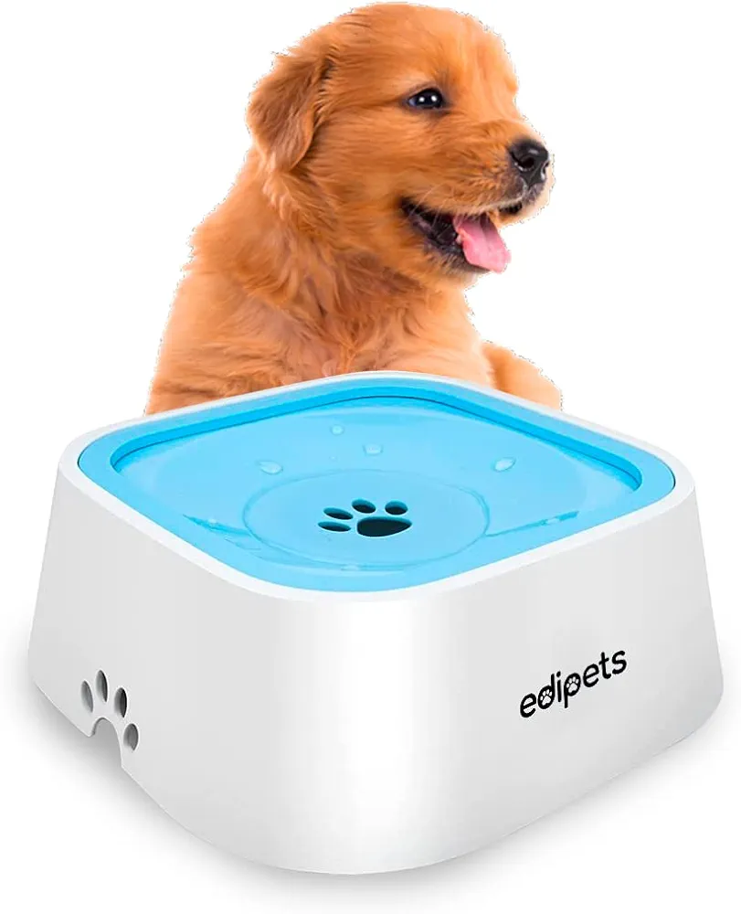 Edipets, Bebedero Perro Antigoteo, Flotante, Antivuelco, Antisalpicaduras, Capacidad de 1.5L, con Base Antideslizante, con Aro de Seguridad (Blanco/Azul)