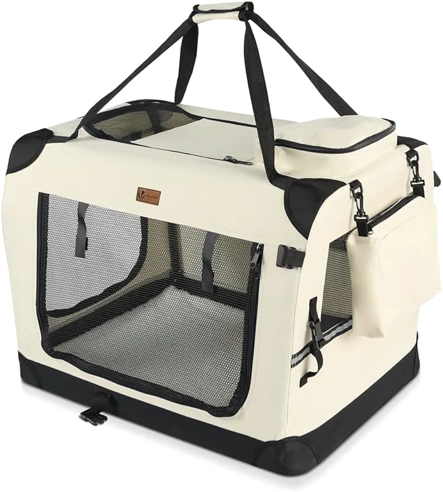 VOUNOT Transportín Perro Gato S 50x35x36cm, Bolsa Transporte Transpirable Mascotas con Bolsillos Alfombrilla Extraíble Tira Reflectante, Caja Plegable Transportadora Portador de Viaje, Beige