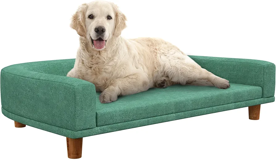 PawHut Sofá para Perros Grandes Cama Elevada para Perros Tapizada con Cojín Lavable y Patas de Madera de Pino Carga 40 kg 98x67x25 cm Verde