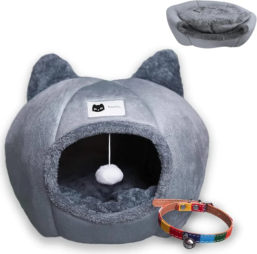 Cama Gato - Cama para Gatos - Cama Perro Pequeño - Casa para Gatos - Cama Gatos con Cojín Interior Desmontable, Lavable, Bola Colgante Juguete, con Collar Multicolor de Regalo