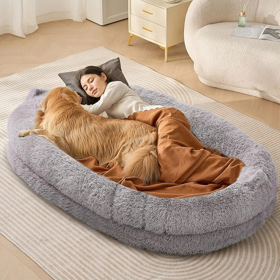 VEVOR Cama para Personas y Mascotas 182 x 122 x 25 cm Cama Grande Ovalada para Perros de Tamaño Humano con Funda de Terciopelo PV Lavable Espuma de Panal, Bolsillo de Almacenamiento, Gris Claro