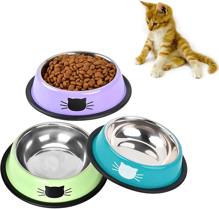 SUOXU Cuencos Antideslizantes de Acero Inoxidable,para Comida para Gatos, Cuenco de Agua para Mascotas, Cuenco de alimentación para Gatos, Juego de 3 Cuencos de Metal para Gatos (Azul/Morado/Verde)