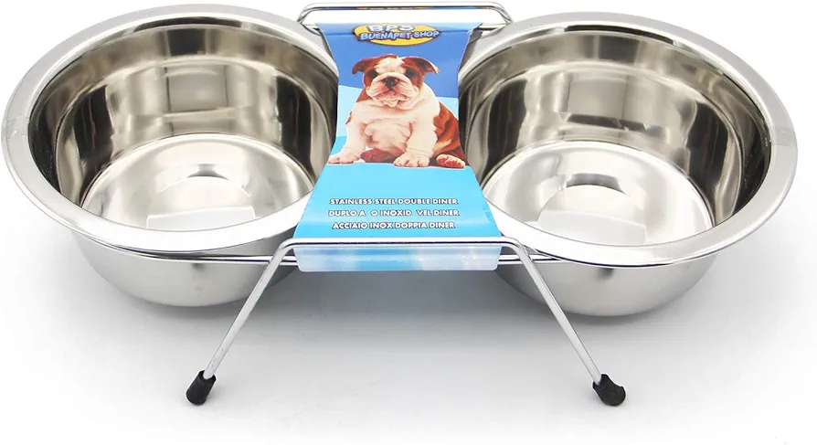 BPS 2X Comedero Bebedero Acero Inoxidable para Perro Gato Mascotas con Soporte Base Doble S/M/L para Elegir (S: 450ml) BPS-11125