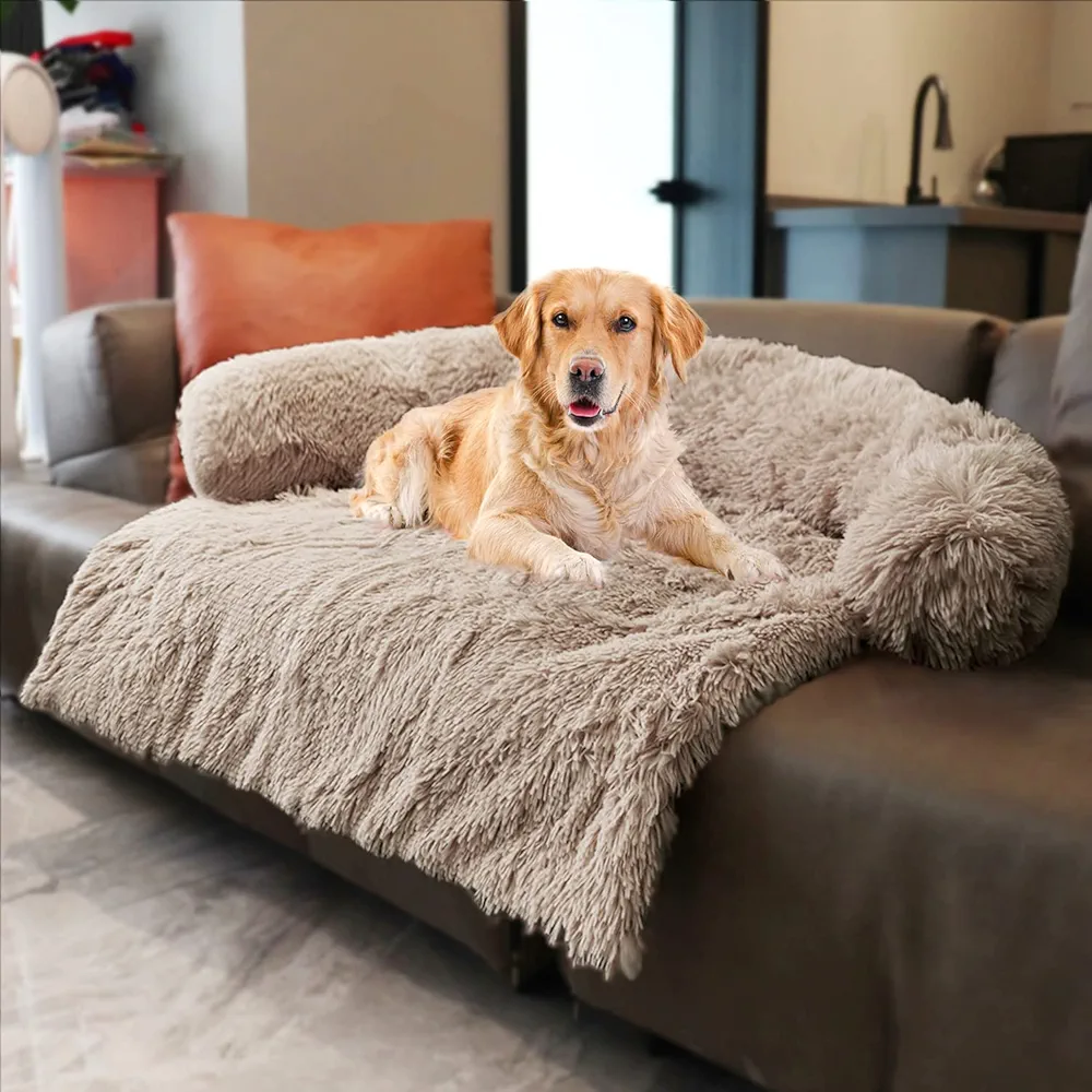 MoonxHome Cama de felpa para perros con refuerzo de espuma para el cuello, cama de felpa para mascotas y más para perros y gatos, protector universal de muebles para mascotas, caqui, mediano