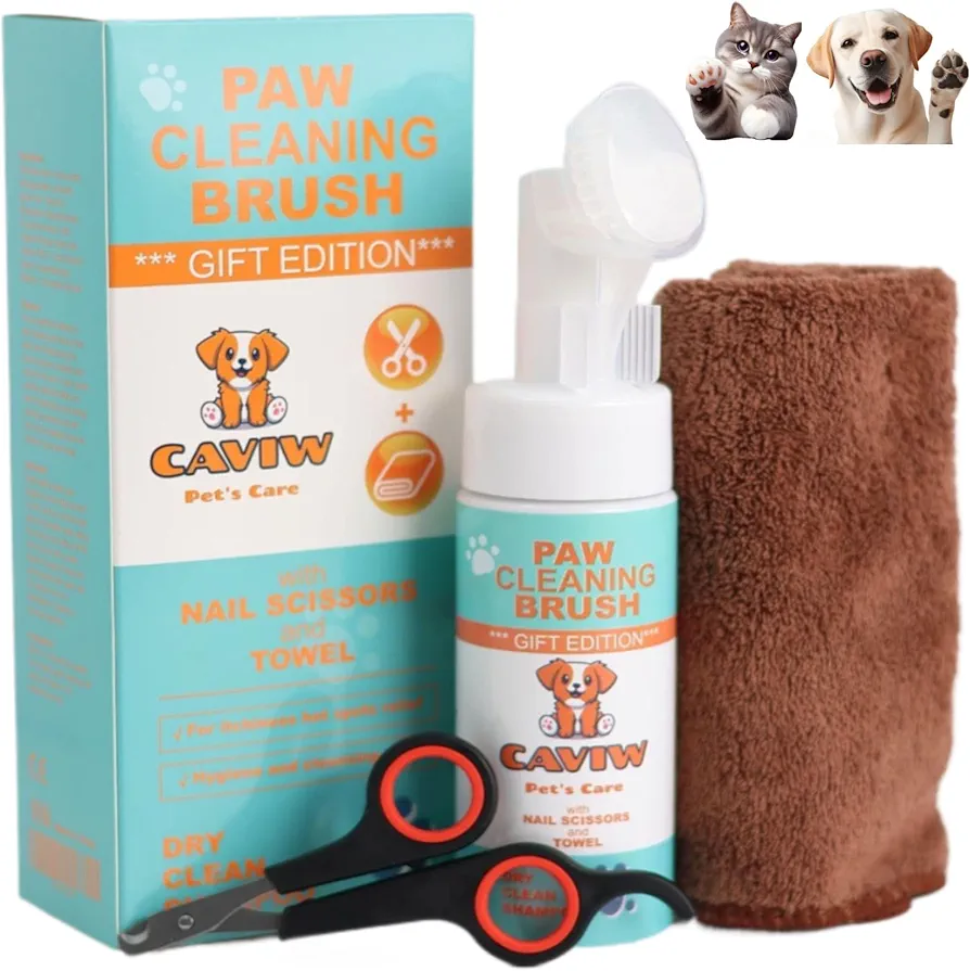 CAVIW Limpiador patas perro, almohadillas perro, 150 ml, Toalla Y Tijeras de regalo, Cepillo con Espuma de Lavado en Seco, no necesita Agua, Elimina Suciedad y Bacterias, Ecológico, Limpia Patas Perro