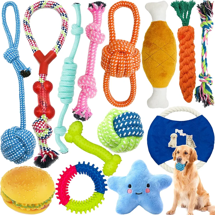 Amzeeniu Juguetes para Perros,Juguete para Morder para Perro,Durable Masticable Cuerda,Cuerda Juguete Interactivo de algodón con Nudo para Masticar para Mantener a Perro Sano (14pc)