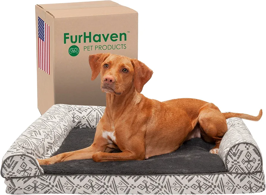 FurHaven Cama grande de Espuma de Gel refrescante para Perro, de felpa y decoración kilim del suroeste Estilo sofá con Funda extraíble Lavable, Color Gris Roca, grande