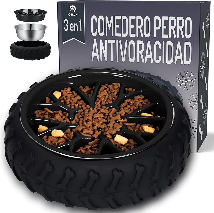 QELUX Comedero Perro Antivoracidad 3x1-8 Tazas Antideslizante - Cuencos para Perros y Bebedero Gatos Ansiosos - Plato Comedero Antivoracidad Perro