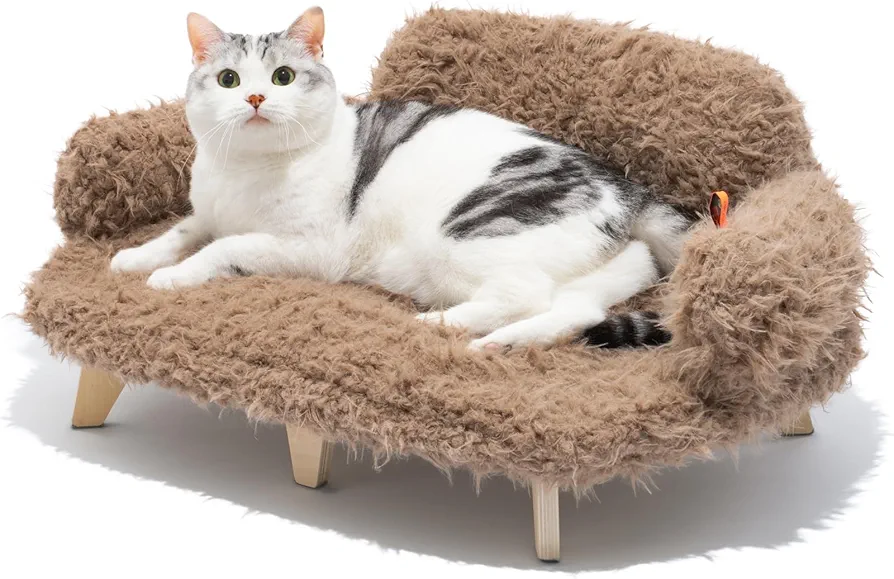 MEWOOFUN Cama para gatos con funda extraíble y lavable, 26 x 18.3 x 8.5 pulgadas, sofá elevado de madera para gatos y perros pequeños a medianos, muebles modernos para mascotas (marrón)