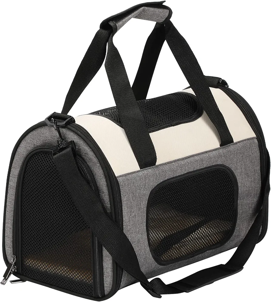 Petsfit Transportín Perro Gato,Bolsas Transporte Perros Bolsa para Perro pequeño Caja para Perro para Transporte de Viaje con Correa para el Hombro y Cojín de Peluche,Gris,M