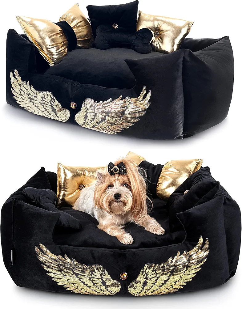 NELKE Exclusiva cama para perros de estilo glamoroso, color negro con alas doradas, lujoso sofá para perros pequeños y medianos