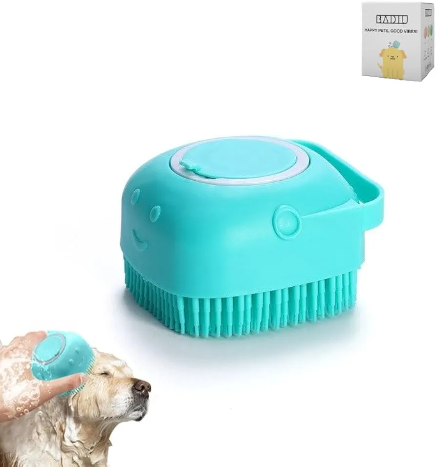 BADIU Esponja con dispensador de jabón para lavado de perros y gatos - Cepillo para baño de mascotas – Cepillo masajeador con cerdas de silicona – Limpiador peine portátil de goma para mascota (Azul)