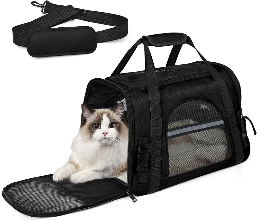 Transportadora Gato Perro, Bolsa de Transporte Transpirable Gato, Transportín Gato Plegable, Portador de Viaje Mascotas con Correa de Hombro Ajustable y Cojín Extraíble, para en Tren, Coche y Avión