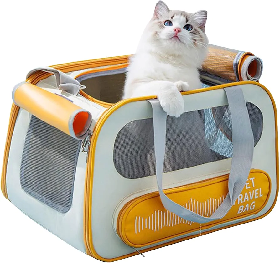 PETCUTE Bolsa de Transporte para Mascotas,Transportín Perro Gato Plegable con Colchón Suave,Correa de Seguridad,Bolsa Transporte Transpirable para Mascotas Perros Gatos Viajes Avion Coche o Tren