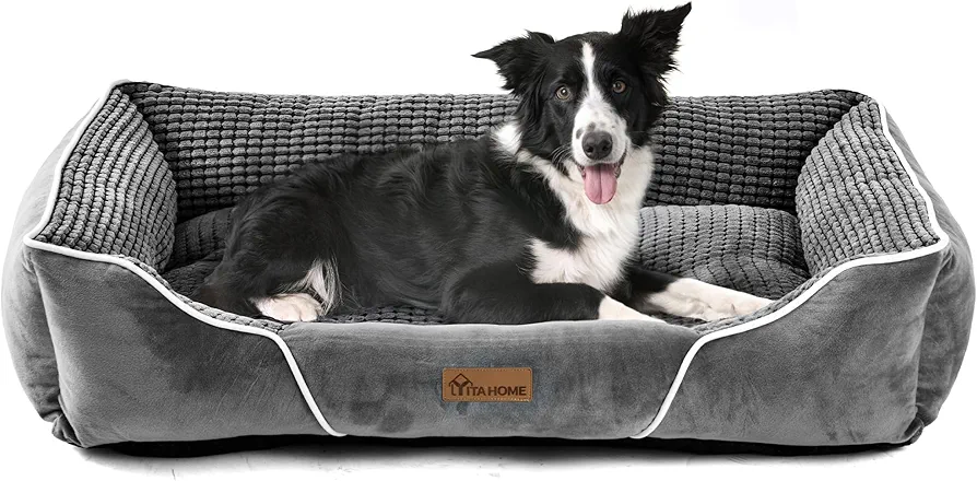 YITAHOME Cama Perro Grande,Cama para Perro Lavable, Cama de Perros Medianos Antideslizantes con Relleno de Fibras Super Suave,Gris,76x61x23cm