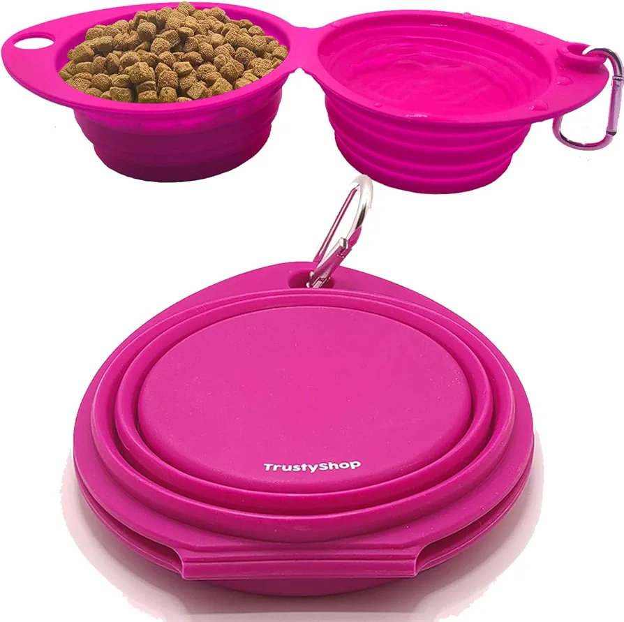 TrustyShop® - Comedero y Bebedero Plegable para Perros y Gatos - Cuenco Doble de Silicona Resistente Libre de BPA - Plato Portatil para Agua y Comida Ideal para Viaje, 700ml (Rosa Fucsia)