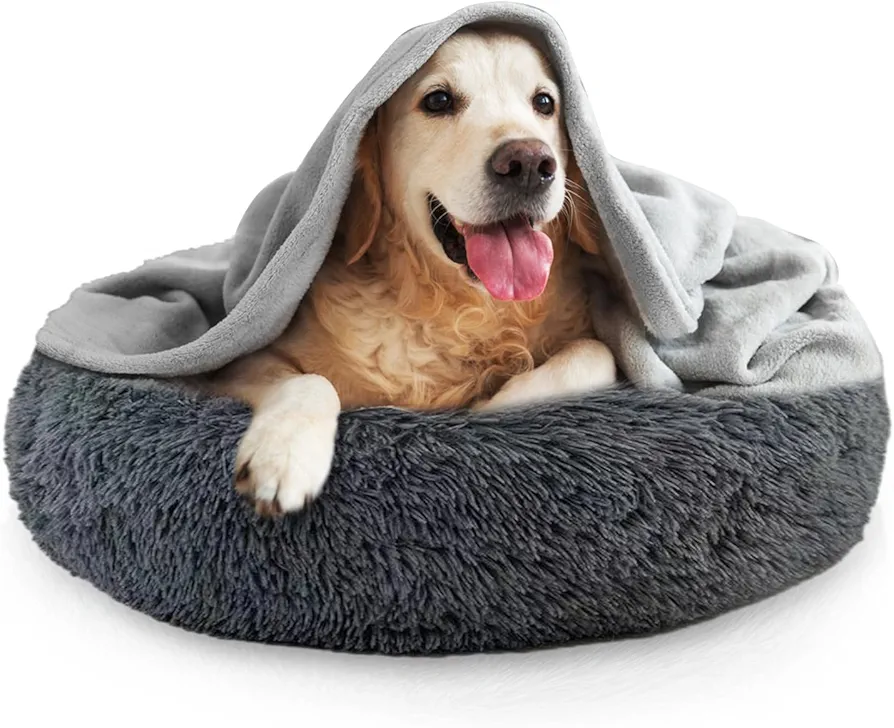 IHONYI Cama para Perros Mullida, Cojín para Perros con Manta, Cueva para Perros Pequeños y Medianos y Gatos, Extraíble, Lavable y Antideslizante, 70 Cm