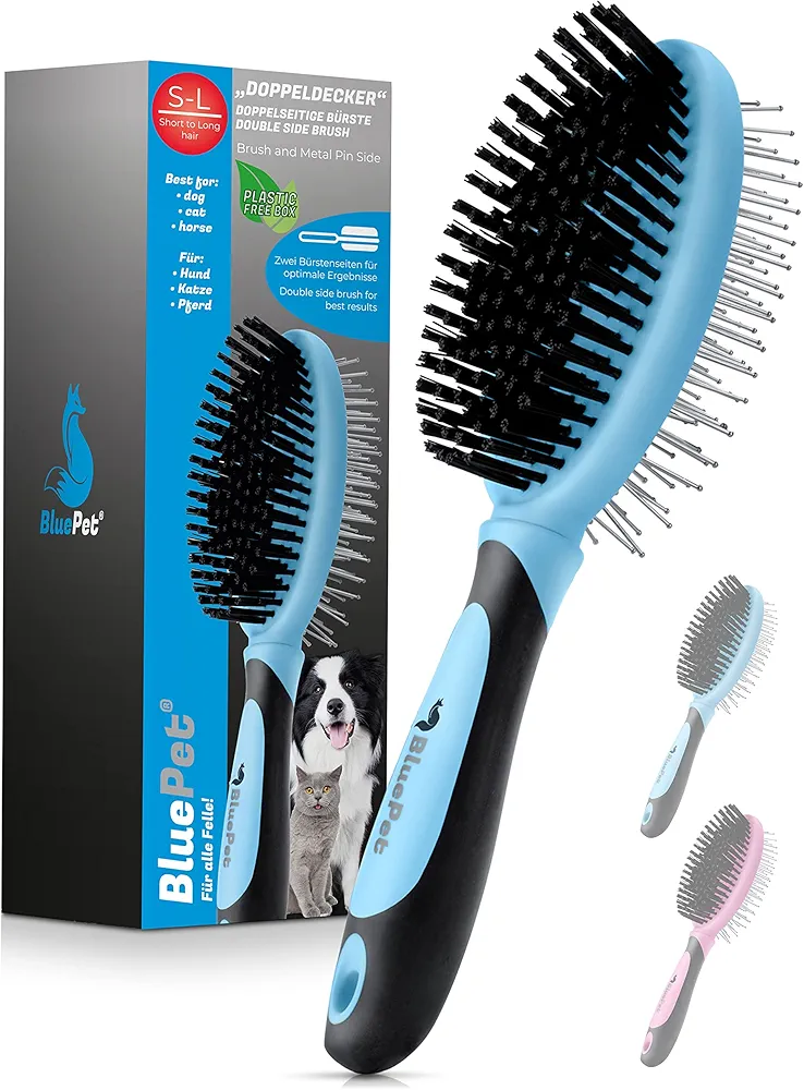 BluePet® Cepillo doble para perros, gatos y caballos - Pelaje brillante y sedoso - Cepillo con cerdas y púas - Desfieltrado y alisado - Masaje calmante y estimulación de la circulación