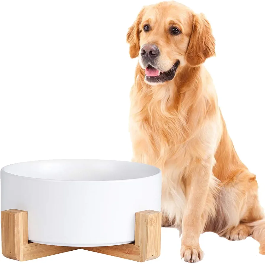 Comedero Perro Grande con Soporte Antivuelco de Madera para Comida y Agua - Comederos y Bebederos para Perros de Ceramica 1900 ml