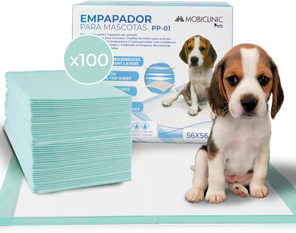 Mobiclinic® Pets, Pack 100, Empapadores Perros, XL, 56x56 cm, 6 Capas, Ultraabsorbente, Marca Española, Alfombrilla higiénica, Cachorros, Desechables, Adiestramiento para Mascotas, Gatos