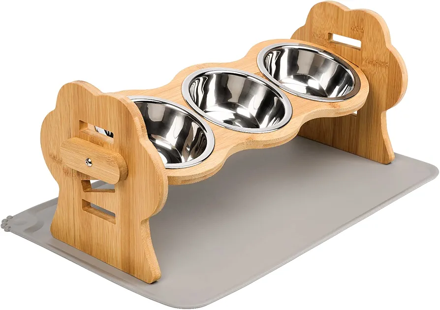 Bewahly Comedero Perro Elevado, 3X Cuenco Gato de Acero Inoxidable para Comida y Agua, Regulable Altura Soporte de Bambú con Antideslizante Alfombra, Comederos y Bebederos para Gatos y Perros Pequeño