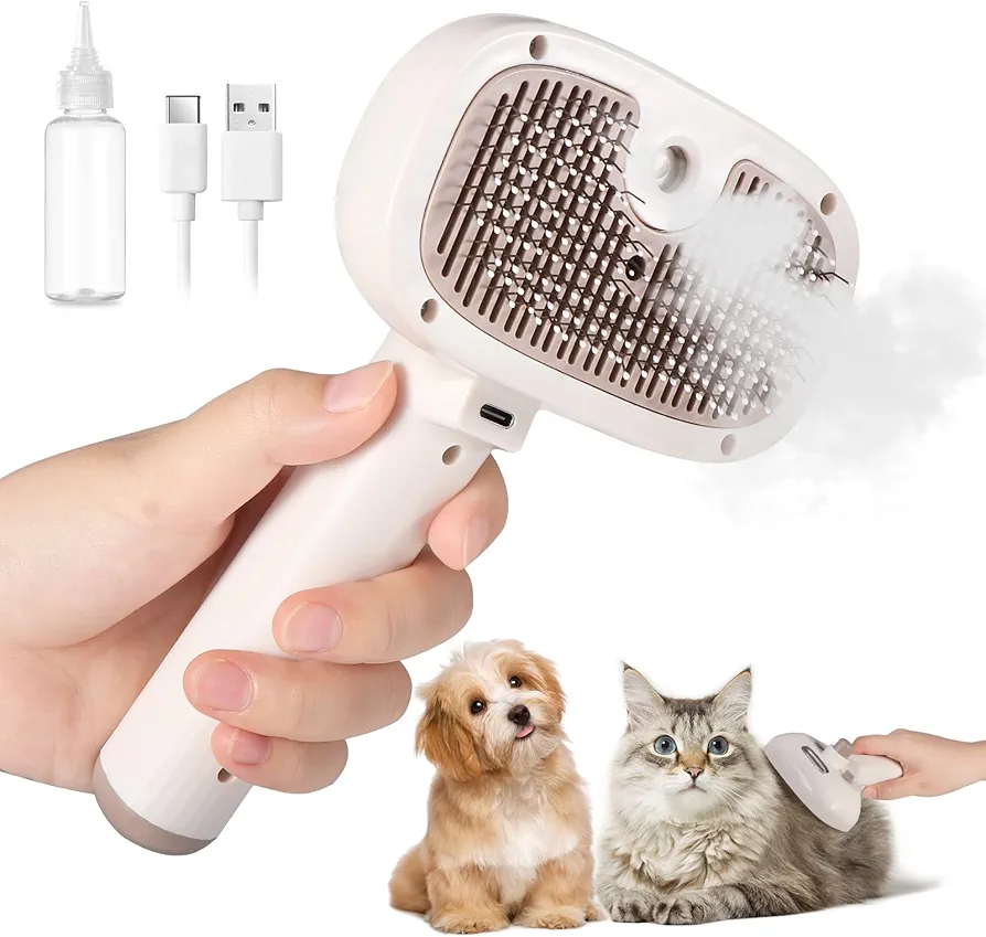 Brencco Cepillo Vapor para Gatos, 4 en 1 Cepillo para Gatos, Peine con Vapor para Perros Gatos, Recargable Cepillo Gatos, Cepillo Mascotas con Vapor de Limpieza con un Clic para Pelo Largo y Corto