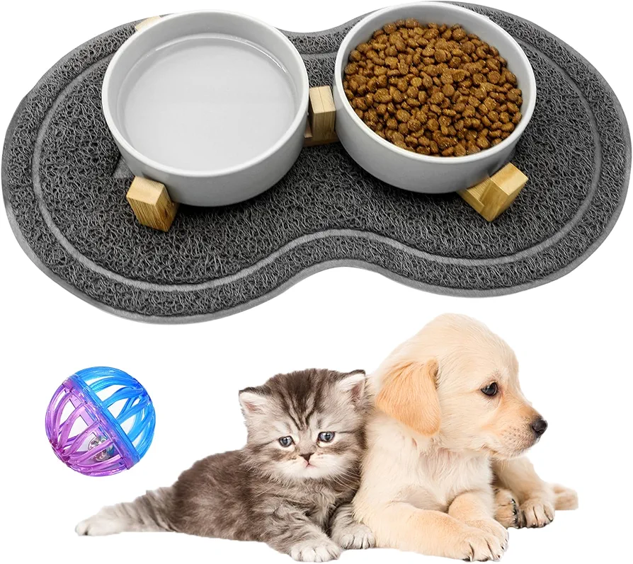 YUTUY Comedero Gato Perro 2 x 400ML Comedero Gatos de Ceramica con Soporte de Bambú y Alfombrilla Antideslizante Set Comederos para Comida y Agua para Gatitos,Comederos y Bebederos para Mascotas