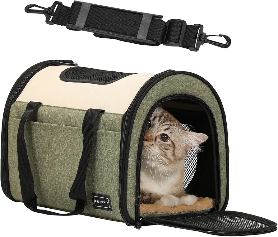 Petsfit Transportín Perro Gato,Bolsas Transporte Perros Bolsa para Perro pequeño Caja para Perro para Transporte de Viaje con Correa para el Hombro y Cojín de Peluche,Verde,S