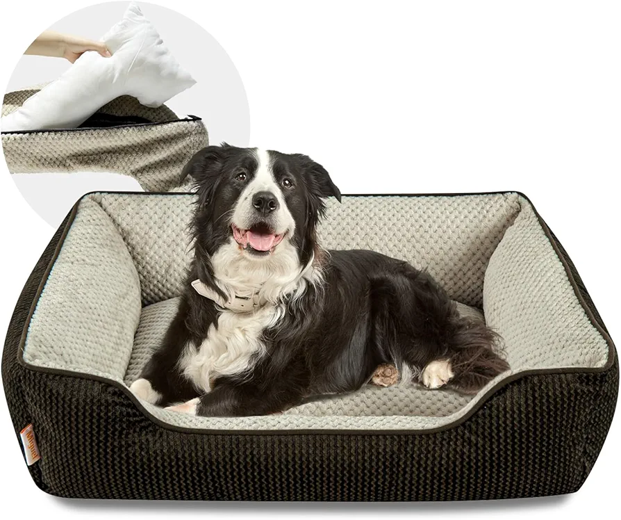 Miguel Cama para Perros Extraíble y Lavable para Perros Medianos - Cama Rectangular para Gatos Grandes con Funda con Cremallera, Cama para Cachorros con Pared Lateral Base Antideslizante, Marrón 89CM