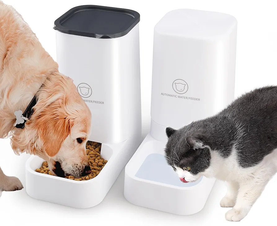 Pfloge® Comedero Gato Automatico, Una 3.8L Bebedero Gatos e 2.1KG Comedero Gato, Sin BPA Dispensador Comida para Gatos y Perros, para Pequeños y Medianos-(Blanco)