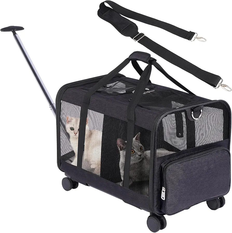 FASNATI Transportín para mascotas de doble compartimento con ruedas desmontables para gato/perro, transportador rodante para 2 gatos pequeños/perros/conejos, diseño súper ventilado, ideal para viajar,